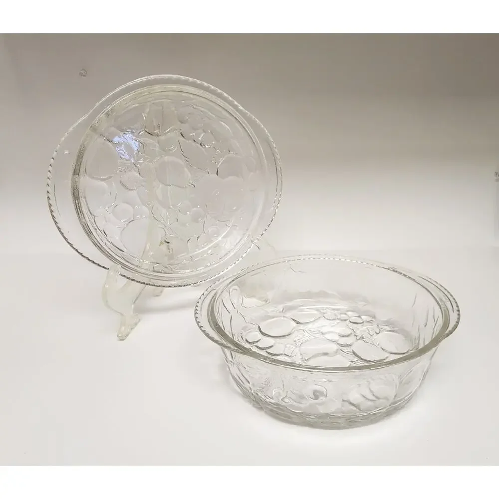 Libbey Orchard Fruit Clear Glass 3Qt Round Casserole Baking Dish & Pie Plate Lid
